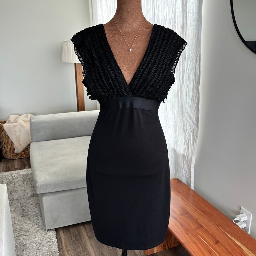 2010s Max Studio Black‎ Surplice Ruffle Sheath Dress Satin Waist LBD Size Small